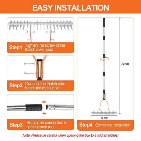 Easy installation steps for Thatch Rake Pro 19 Curved Steel Tines 15 Inch Lawn Dethatching Rake with Ergonomic Handle 70 Inch Reach.