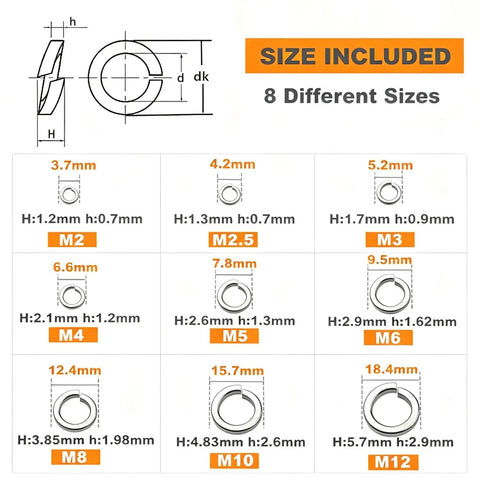 Spring Lock Washers Assortment Kit For DIY And Construction, 480 Pieces, 9 SAE Sizes M2 To M12, 304 Stainless Steel Split Lock Washers For Screws And Bolts, Built Tough And Rust Resistant, Ready For Any Repair Job. Size chart for M2 to M12 split lock washers