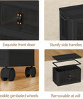 Heavy Duty Fold Flat Storage Bins With Slick Dual Front Door Access And Secure Lids Built Different Stackable Plastic Organizer Totes For Your Garage Office Pantry Or Home Gear Setup 4 Pack Black Nine Gallon Capacity Each with front door, side handles, wheels and removable lid.
