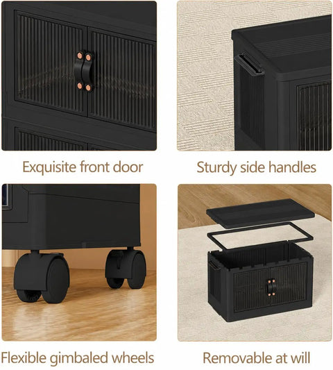 Heavy Duty Fold Flat Storage Bins With Slick Dual Front Door Access And Secure Lids Built Different Stackable Plastic Organizer Totes For Your Garage Office Pantry Or Home Gear Setup 4 Pack Black Nine Gallon Capacity Each with front door, side handles, wheels and removable lid.