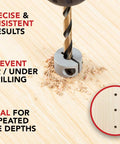Stop Collar Set For Drill Bits With Depth Stop, 8 Piece Kit In Sizes 1/2, 7/16, 3/8, 5/16, 1/4, 7/32, 3/16, 1/8 Inches, shown in use on wood
