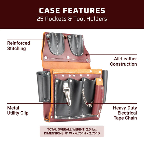 Product specifications of Left Hand Electrician Tool Case With 25 Pockets And Tool Holders, Heavy-Duty Pro-Grade Belt-Worn Leather Pouch