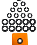 Heavy Duty 1/2 And 3/8 In Impact Wrench Retainer Rings With O Rings, black rubber clips arranged with an orange tool.