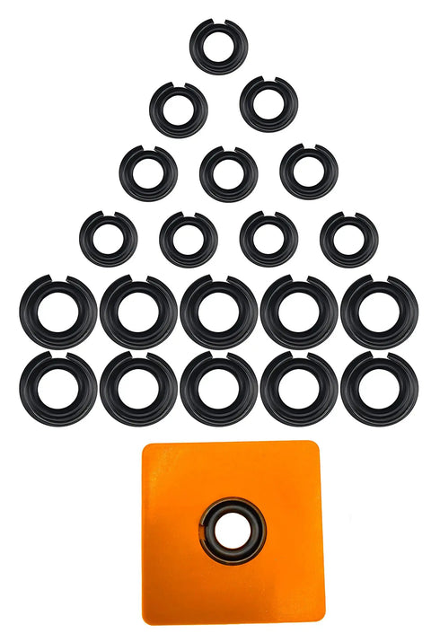 Heavy Duty 1/2 And 3/8 In Impact Wrench Retainer Rings With O Rings, black rubber clips arranged with an orange tool.