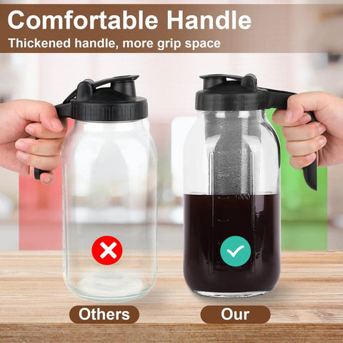 Comparison of 64 oz Cold Brew Pitcher with Stainless Steel Filter, showcasing beefy glass mason jar and easy grip handle, black