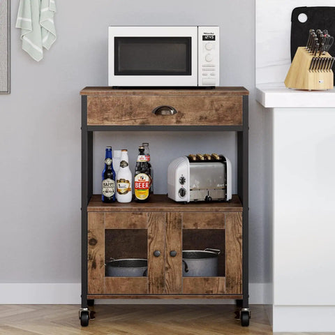 Industrial Farmhouse Coffee Bar Cart With 3 Tier On Wheels Rustic Brown Mobile Coffee Station Table With Storage For Home Kitchen And Bar Liquor Buffet Sideboard Cabinet featuring a microwave, bottles, and toaster on top tiers.