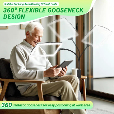 Hands Free Floor Magnifier With Light And Stand for reading with 360 degree flexible gooseneck, man reading on couch