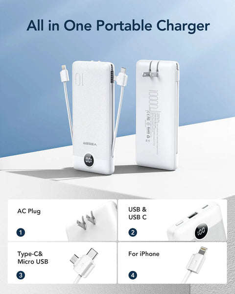 All In One Portable Charger With Built In AC Plug And Cables 10000mAh Ultra Slim Power Bank For Travel on display