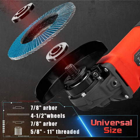 Shall 4-1/2 in angle grinder, side view, red body, 11000 RPM, includes 2 guards, 3 cutting discs