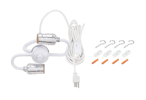 Two Plug In Swag Pendant Light Conversion Kit With White Transitional Drum Shade, 16 Inch Wide, E26 Sockets, cords and hooks