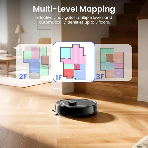 LiDAR Robot Vacuum And Mop Combo With Auto Self-Empty Dock, 6000Pa Suction showing multi-level mapping feature on wood floor