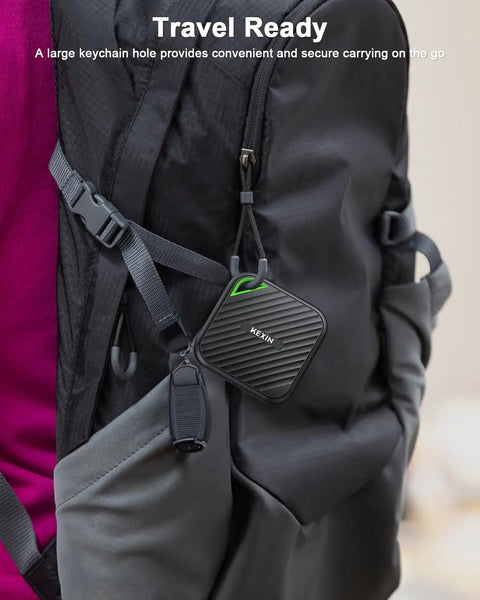 Ridiculously Fast 512GB USB C External SSD With Up To 2000MB Per Second Transfer Speed attached to backpack, portable use