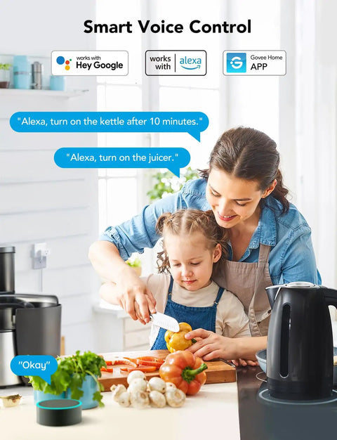 Woman and child using Dual Smart Plug 4 Pack With WiFi Bluetooth Outlet, 15A, Works With Alexa And Google Assistant, kitchen scene