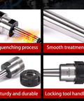 MT2 Morse Taper Collet Chuck For ER32 And M10 Fits, showing quenching process, smooth treatment, and locking tool handle.