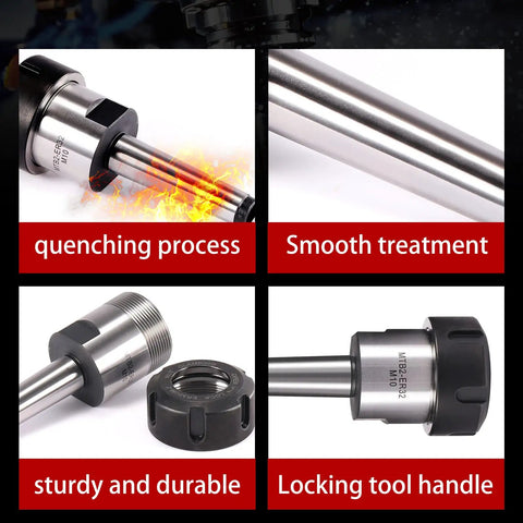 MT2 Morse Taper Collet Chuck For ER32 And M10 Fits, showing quenching process, smooth treatment, and locking tool handle.