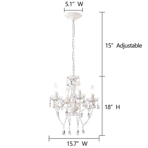 White Mini Crystal Chandelier Lighting For Bedroom Lit Four Light Modern Hardwired Pendant Fixture With Adjustable 15 Inch Chain