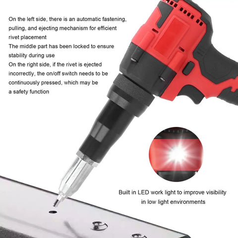 Dang Cool 18V Cordless Rivet Gun Tool With Brushless Motor And Handy Led Light For Metalworking And Auto Jobs Fits 1/8 To 3/16 Inch Rivets Smooth Fast Pulling Power That Gets The Job Done Right. close-up of LED-lit nozzle on metal sheet
