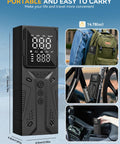 Grab-and-Go Portable Tire Inflator Air Compressor Cordless Pump, 150 PSI High Speed, shown with backpack, bike, and car use