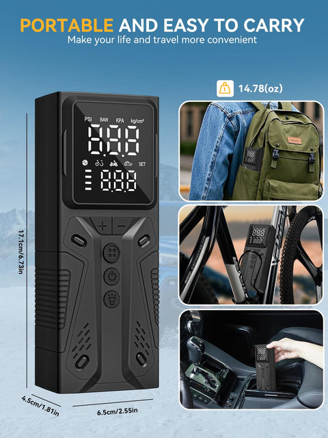 Grab-and-Go Portable Tire Inflator Air Compressor Cordless Pump, 150 PSI High Speed, shown with backpack, bike, and car use
