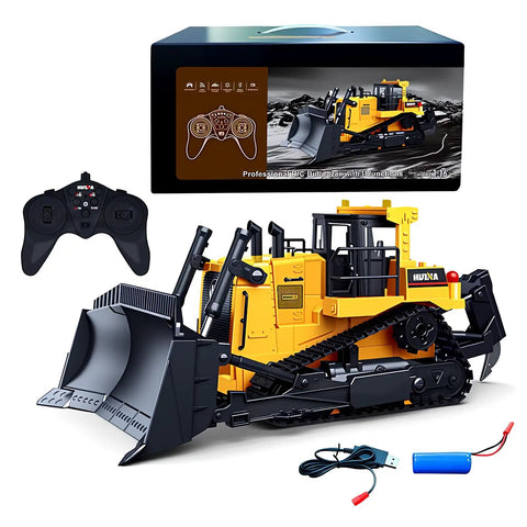 Proportional One Sixteenth Scale RC Bulldozer Toy With Four Wheel Drive Front Loader Metal Shovel Working Lights Two Point Four GHz Radio