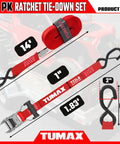 Four Piece Heavy Duty Ratchet Tie Down Straps For Truck And Motorcycle Cargo With Safety Latch Hooks and Rubber Coated Ends To Lock It Down Tight During Every Haul, 14 ft length.