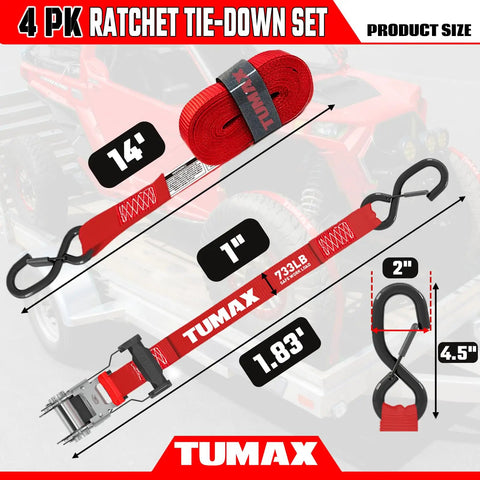 Four Piece Heavy Duty Ratchet Tie Down Straps For Truck And Motorcycle Cargo With Safety Latch Hooks and Rubber Coated Ends To Lock It Down Tight During Every Haul, 14 ft length.