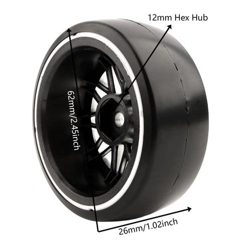 1/10 Scale RC Drift Tires 4 Pack On Road Wheels With 12mm Hex Hubs showing 62mm OD, 26mm width for Traxxas 4Tec 2.0 3.0 models