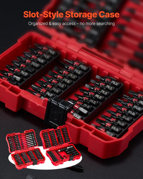 Dang Tough 101 Piece Screwdriver Bit Set Heavy Duty S2 Steel bits organized in red slot-style storage case for easy access.
