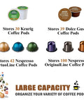Big Capacity Coffee Pod Organizer For Keurig K Cups And Espresso Pods Holds 30 Plus K-Cups Or 100 Plus Original Capsules Bronze Finish Pod Holder For Your Coffee Bar Space Saving Must Have Gift For Valentines Day showing pod varieties and storage capacities.