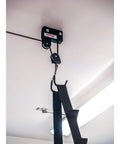Easy Garage Storage Hoist For Kayaks Canoes Bikes And Ladders One Person Lift System With Pulleys Hooks Brackets Hardware 50 Ft Rope Saddle Straps 120 Lb Capacity Black mounted on ceiling