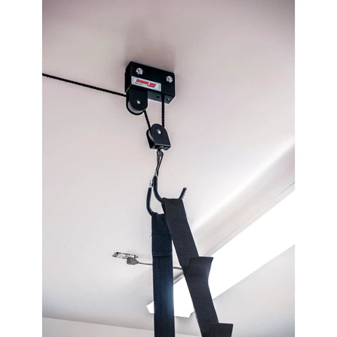 Easy Garage Storage Hoist For Kayaks Canoes Bikes And Ladders One Person Lift System With Pulleys Hooks Brackets Hardware 50 Ft Rope Saddle Straps 120 Lb Capacity Black mounted on ceiling