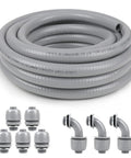 Half Inch Liquid Tight Flexible Non Metallic Conduit Kit With Five Straight And Three 90 Degree Connectors 25 Feet No Fuss Easy Install PVC Electrical Conduit System For Wiring Projects, rolled conduit and connectors visible.