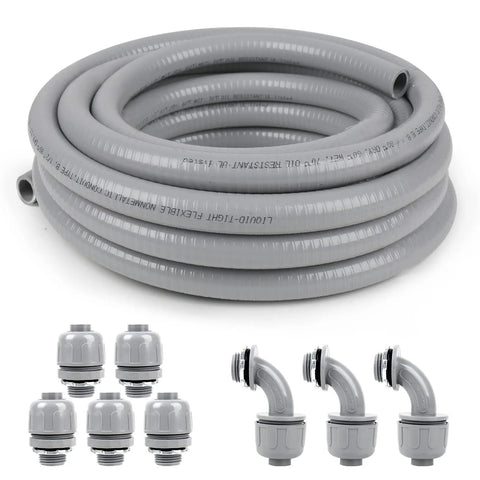 3/4 Inch Liquid Tight Conduit Kit With 50 Feet Of Flexible Non Metallic PVC Conduit And 5 Straight And 3 90 Degree Connectors