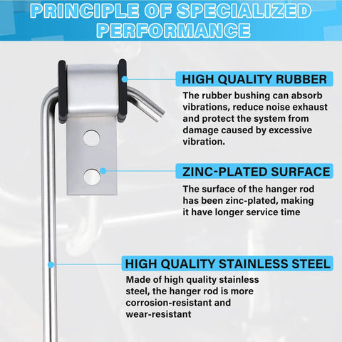 Heavy Duty Stainless Steel Exhaust Hanger Kit Universal Four Pack Three Eighths Inch Rod Eleven Inch Long Weld On Brackets with descriptions of high quality rubber, zinc-plated surface, and stainless steel features for muffler and exhaust pipe system on cars, trucks, and SUVs.