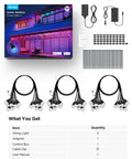 Two-Set 144-Foot Smart Outdoor String Lights With Dimmable Warm White LEDs, IP65 Waterproof, shown with accessories and box.