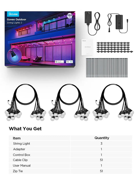 Two-Set 144-Foot Smart Outdoor String Lights With Dimmable Warm White LEDs, IP65 Waterproof, shown with accessories and box.