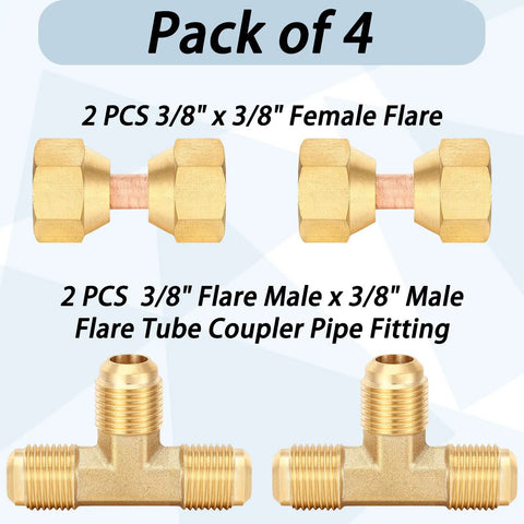 Brass Tube Fitting Kit With Flare Tee Fittings Three Eighths Inch, Brass Three Eighths Inch Female Flare Swivel Adapters, And Two Compression Tee Connectors Plus Waterproof Adhesive Tape Pack For Quick No Fuss Valve Setup; 3/8 in brass fittings