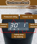Touchscreen panel of Top Shelf Commercial 58mm Electric Coffee Tamper showcasing pressure and time settings for precise tamping.