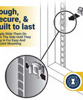 Black 10-32 Slide-In Cage Nuts For Server Rack Hardware And Equipment Mounting With Snug Snap Fit Design Built Tough For A Smooth Install Bulk Pack Of Fifty showing installation process in a server rack.