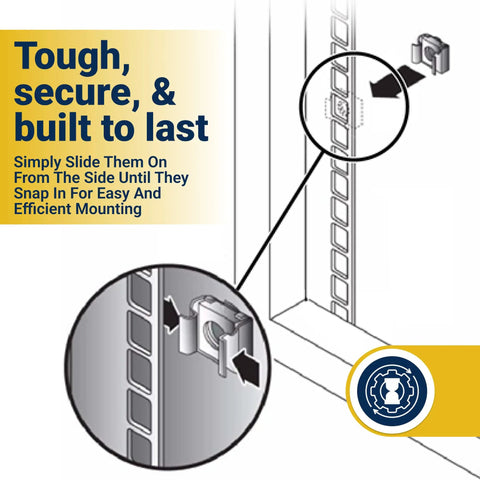Black 10-32 Slide-In Cage Nuts For Server Rack Hardware And Equipment Mounting With Snug Snap Fit Design Built Tough For A Smooth Install Bulk Pack Of Fifty showing installation process in a server rack.