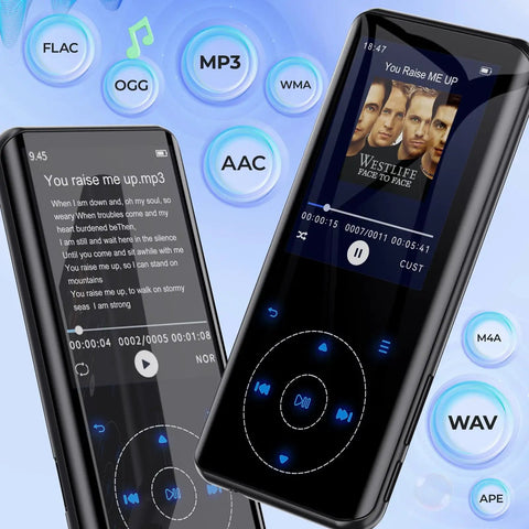 64GB Bluetooth 5.3 MP3 Player With Built In Speaker And 2.4 Inch Screen displaying song lyrics and album art