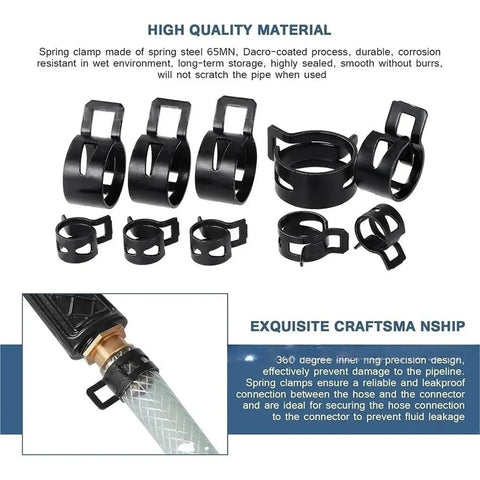 Premium 90 Plus One Plier Assortment Kit With Heavy Duty Vacuum Spring Fuel Hose Pipe Tube Clamps In Black For Various Sizes Including 10 13 17 19 And 21 Millimeters Perfect For Home Repair Or Auto Fix It Stuff Right Now. Black spring steel hose clamps with fuel line connection example