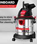 No Sweat 5 Gallon Stainless Steel Wet Dry Vacuum Featuring 4.5 Peak Horsepower Motor with onboard accessory storage.