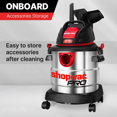 No Sweat 5 Gallon Stainless Steel Wet Dry Vacuum Featuring 4.5 Peak Horsepower Motor with onboard accessory storage.