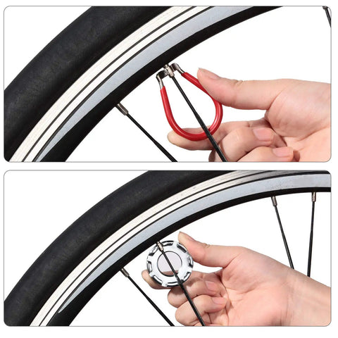 Hand using Six Piece Bicycle Spoke Tool Kit With Tire Lever For On The Go Bike Repair Includes Two Eight Cut Open Wrenches Two Rubber Handle Spoke Wrenches One Double Head Spoke Wrench And A Handy Rim Repair Pocket Set on bike wheel