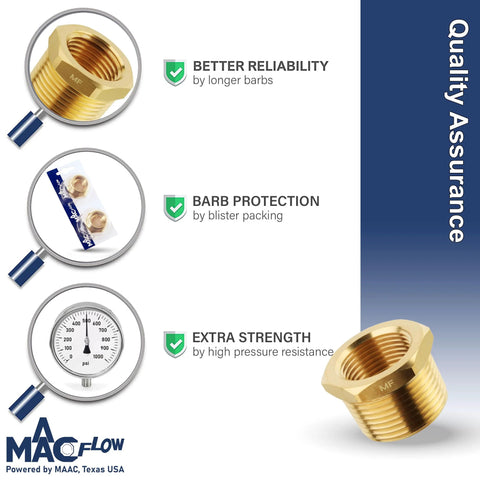 MAACFLOW brass 1/2 in NPT to 1/4 in NPT hex reducer bushing, male to female, pack of 1, front view