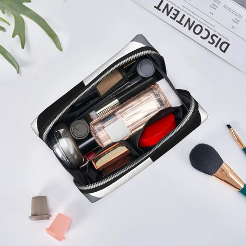 Hella Chic Black And White Piano Key Print Travel Makeup Bag, Durable PVC Cosmetic Pouch For Women, Go To Purse Organizer fits brushes and skincare.