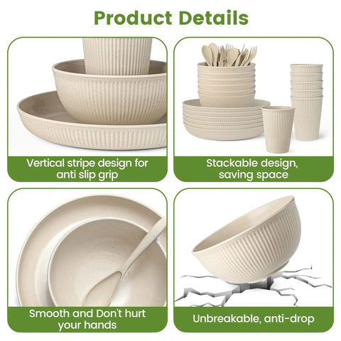 36 Piece Reusable Wheat Straw Dinnerware Set for Six with vertical stripe design, stackable bowls, and unbreakable feature