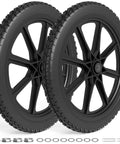 20 Inch Flat Free Wheelbarrow Wheels 2 Pack With Preinstalled Five Eighth Inch Bearings And Three Quarter Inch Adapters Replacement Cart Tires For Rubbermaid And Garden Carts Built Tough Easy Install And Durable Performance, showing two black polyurethane wheels with adapters and bearings visible.