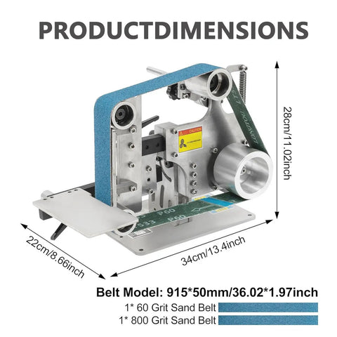 Product dimensions of Premium Variable Speed Belt Grinder For Heavy Duty Metalworking with two sand belts and sizes.